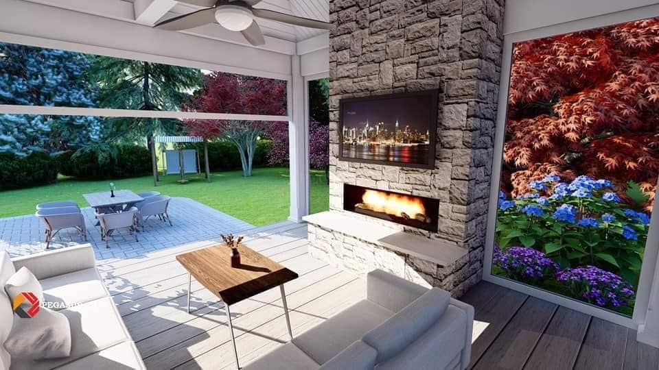 Landscape design of outdoor living area with fireplace
