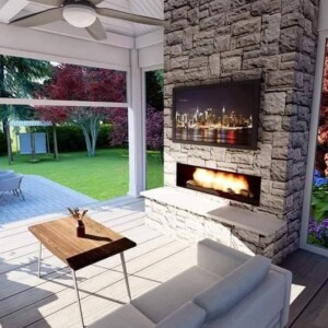 Landscape design of outdoor living area with fireplace