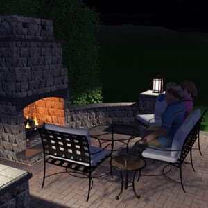 3D rendering of an outdoor fire pit. Phase three of the landscape design process.